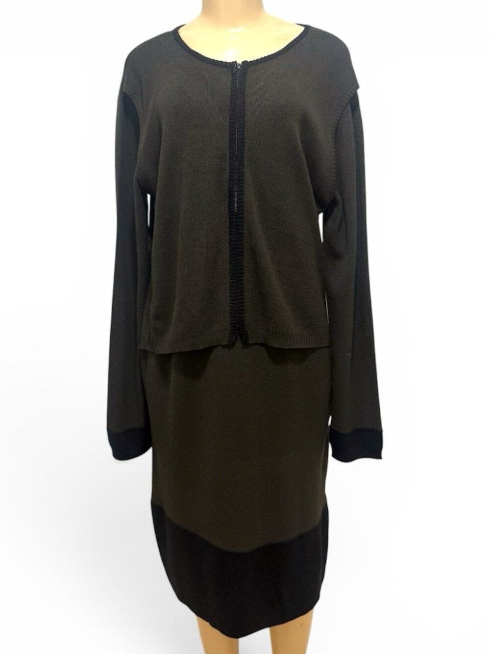 St. Tropez West  Faux Layered Sweater Dress Womens XL Olive Brown Black Knit